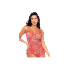 Combishort en dentelle transparente couleur cerise 